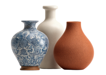 Three ceramic vases in varying colors and patterns