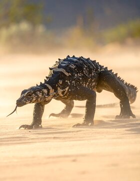 A lizard-like reptile, black and white, striding across a sandy landscape,  in dappled sunlight