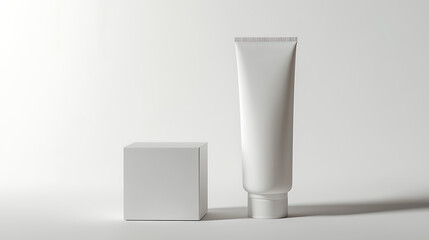 Minimalist cosmetic packaging. Tube and cube on white for lotion, cream, or skincare products. Clean and modern aesthetic.
