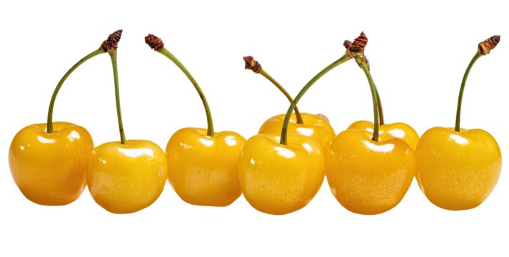 Row of seven bright yellow cherries - Powered by Adobe