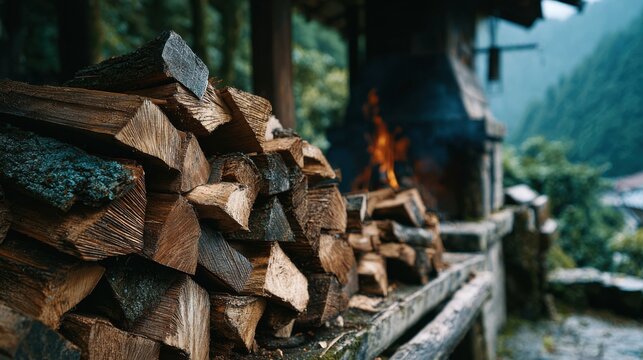 Stacked firewood beside a rustic outdoor fireplace in a serene mountain setting on a cloudy day