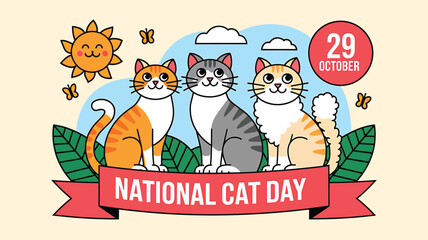 Fototapeta premium Vector art of three adorable cartoon cats sitting on a ribbon banner with text national cat day and sun, clouds, butterflies, and leaves