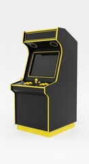 Black arcade cabinet with yellow trim isolated on a yellow background, retro arcade game
