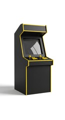 Black arcade cabinet with yellow trim isolated on a yellow background, retro arcade game