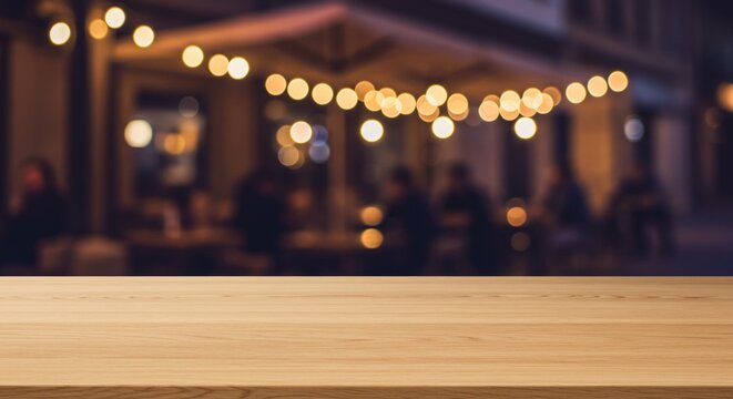 Blurred restaurant background with wooden table surface