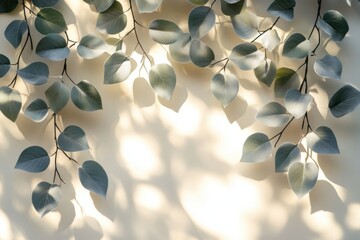 Abstract Green Leaves and Sunlight Pattern on Beige Wall for Calm Elegant Background