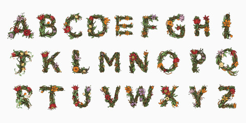 Naklejka premium Floral Alphabet: An exquisite collection of floral letters, showcasing the beauty of each character meticulously crafted with a variety of vibrant blooms and lush green foliage.