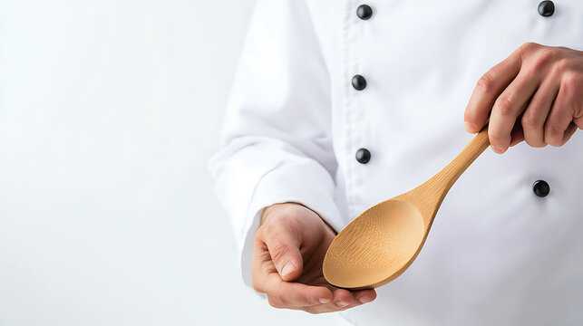 Chef in white uniform holds a wooden spoon, evoking culinary expertise. Perfect for food-related content. Image has copy space.