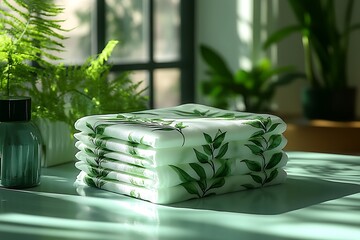 Stacked green leaf patterned napkins on table with plants natural light high resolution photo