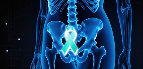 Futuristic holographic pelvic scan with teal and white ribbon for cervical cancer awareness