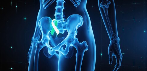 Futuristic holographic pelvic scan with teal and white ribbon for cervical cancer awareness