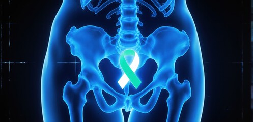 Futuristic holographic pelvic scan with teal and white ribbon for cervical cancer awareness