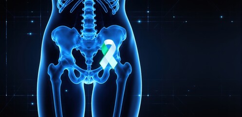 Futuristic holographic pelvic scan with teal and white ribbon for cervical cancer awareness