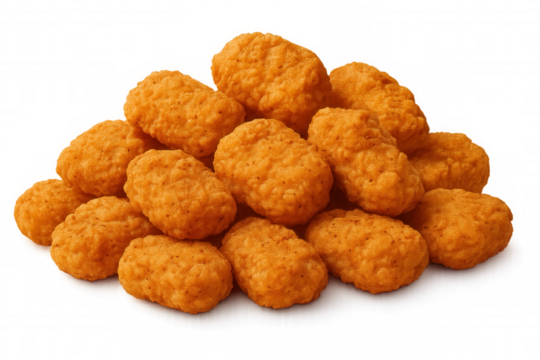 Pile of fried crispy chicken nuggets, golden breading, savory poultry snack food for fast food and appetizer themes
