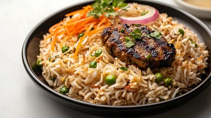 Plain pulao with sham kabab onion and served in plate