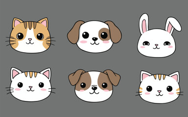 Fototapeta premium Adorable Animal Collection: Cute cartoon illustrations of a kitten, puppy, and bunny, each with endearing expressions and charming features. Perfect for children's themes, playful designs.