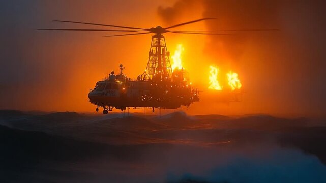 Helicopter in front of a massive fire at sea, dramatic rescue operation.
