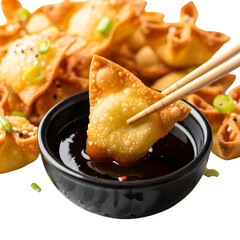 Crispy golden wontons being dipped into savory soy sauce with chopsticks, a delicious appetizer for any occasion.