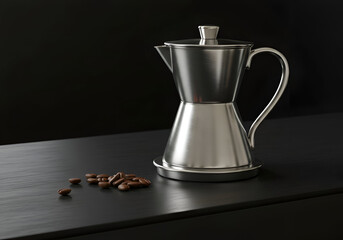 Stainless steel coffee maker with dark wood surface. A modern coffee maker rests on a dark wood surface with coffee beans scattered nearby.