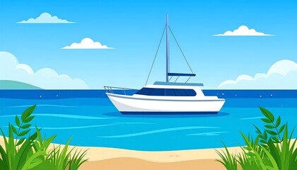 A serene nautical illustration of a white sailboat on the ocean