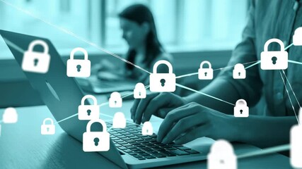 Cybersecurity: Digital locks overlay the laptop as a person works at the keyboard, symbolizing the protection of data against online threats. - Powered by Adobe