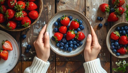 Hands holding a ceramic bowl filled with fresh organic strawberries and blueberries on a rustic wooden table.