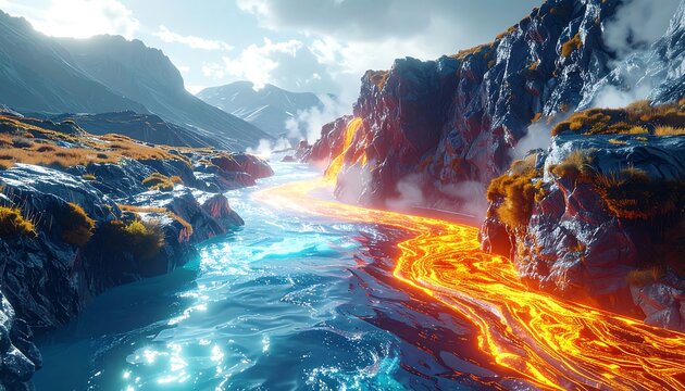 Fantasy landscape with river of lava flowing into cool waters