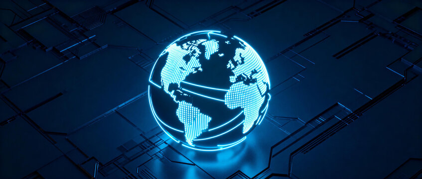 Digital globe with glowing blue lines representing global connectivity and network infrastructure