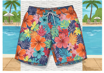 Colorful floral swim trunks displayed near a poolside setting. Relaxed, casual pose with tropical backdrop. Young adult male fashion model showcasing resort wear near a pool.