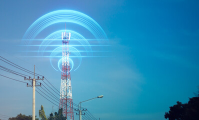Telecommunications radio antenna on blue sky background. Network connection points and lines....