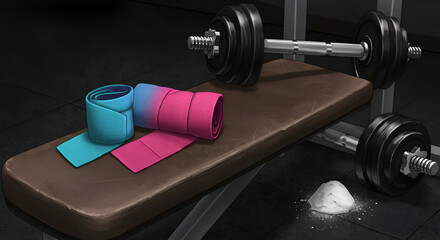 Rolled-up athletic wraps in vibrant turquoise and fuchsia resting on a dark brown gym bench with weights in the background. A fitness enthusiast's equipment and supplies in a dimly lit exercise room.
