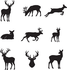 Collection of majestic deer silhouettes in various poses wildlife nature animals forest creatures woodland mammals outdoors
