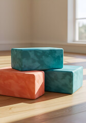 Yoga blocks, teal and coral, stacked on light-toned wooden floor in a bright interior space. Colorful props for mindful exercise in a modern studio setting.