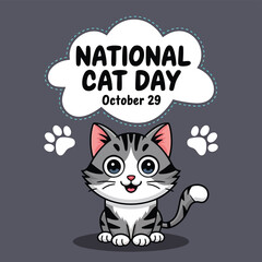 Obraz premium Vector art of cute cartoon cat celebrating national cat day on october 29th with paw prints and a speech bubble