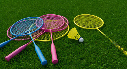 Colorful badminton rackets and shuttlecock on grassy field. Recreation equipment resting casually on a vibrant green lawn.
