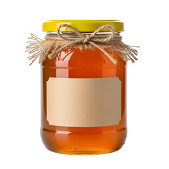 Golden honey in a rustic glass jar with a blank label and yellow lid, perfect for artisanal food branding and natural product marketing.