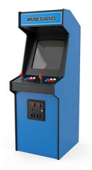 Blue arcade cabinet with black trim isolated on a white background, retro arcade game
