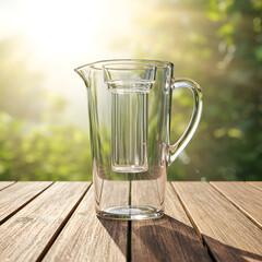 Transparent glass tea pitcher with built-in metal strainer on a wooden outdoor table. Modern, empty pitcher for tea or other beverage on a natural outdoor patio setting.