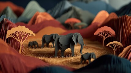 Papercraft African landscape with elephants grazing in a layered, textured, and colorful diorama