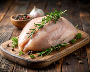 Raw turkey breast with herbs on wooden cutting board