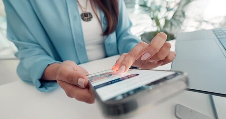 Business, hands and woman with smartphone, scroll and financial agency with website information. Person, investor and employee in workplace, cellphone and email for profit increase and economy news - Powered by Adobe