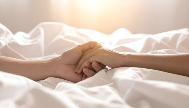 Tender moment of a couple holding hands in bed with warm sunlight.