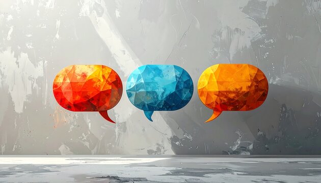 Three abstract, colorful speech bubbles on wall