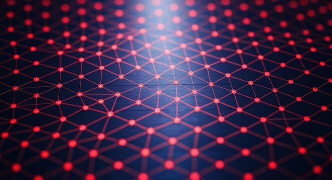 Abstract network of interconnected red nodes on a dark blue background