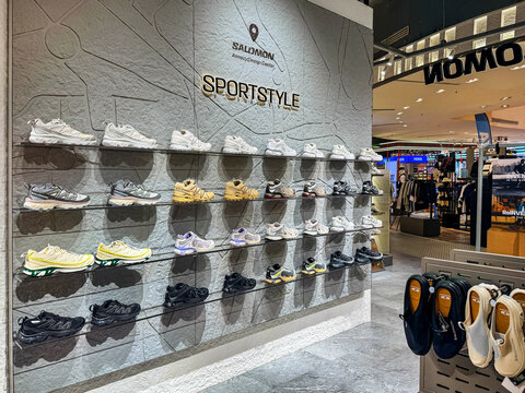 BANGKOK ,THAILAND Oct 7, 2025 : Salomon trail running shoes for outdoor activity on display at siam paragon department store