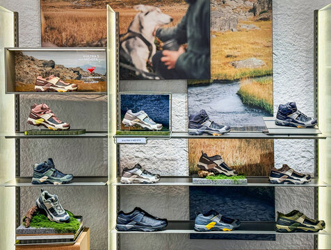BANGKOK ,THAILAND Oct 7, 2025 : Salomon trail shoes for outdoor activity on display at siam paragon department store