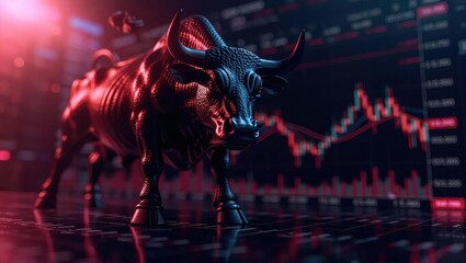 Bull Market Concept - A Powerful Bull Statue Symbolizing Financial Growth and Economic Prosperity with Digital Stock Charts in the Background.