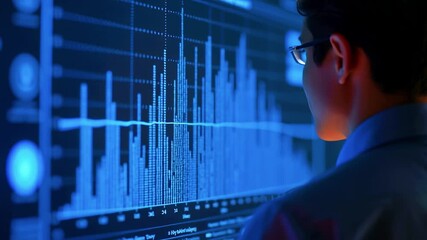 A person with glasses views a data graph displayed on a screen, backlit by blue glow - Powered by Adobe