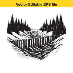 Obraz premium Vector art of a winter river flows through a forest with a wooden dam