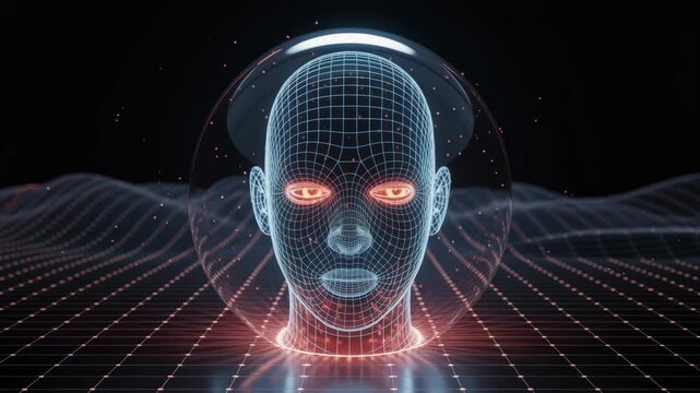 Cybernetic Consciousness: A digital rendering of a human face formed from a wireframe grid, eyes glowing with the energy of advanced intelligence and a mind connecting with the universe.